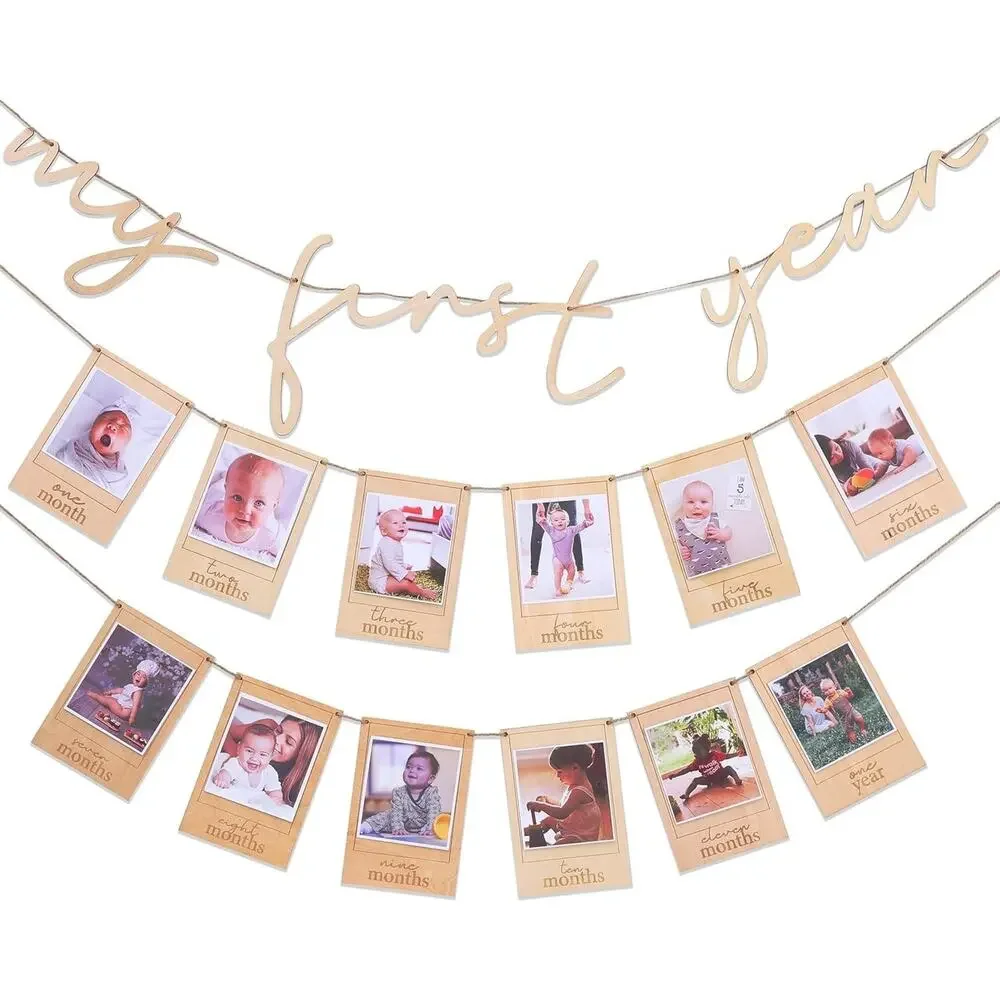 MADENG Wood First Year Monthly Photo Banner – 80” Baby Milestone Garland